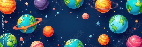 Whimsical hand-drawn Earth & space seamless pattern for kids , fabric, solar system