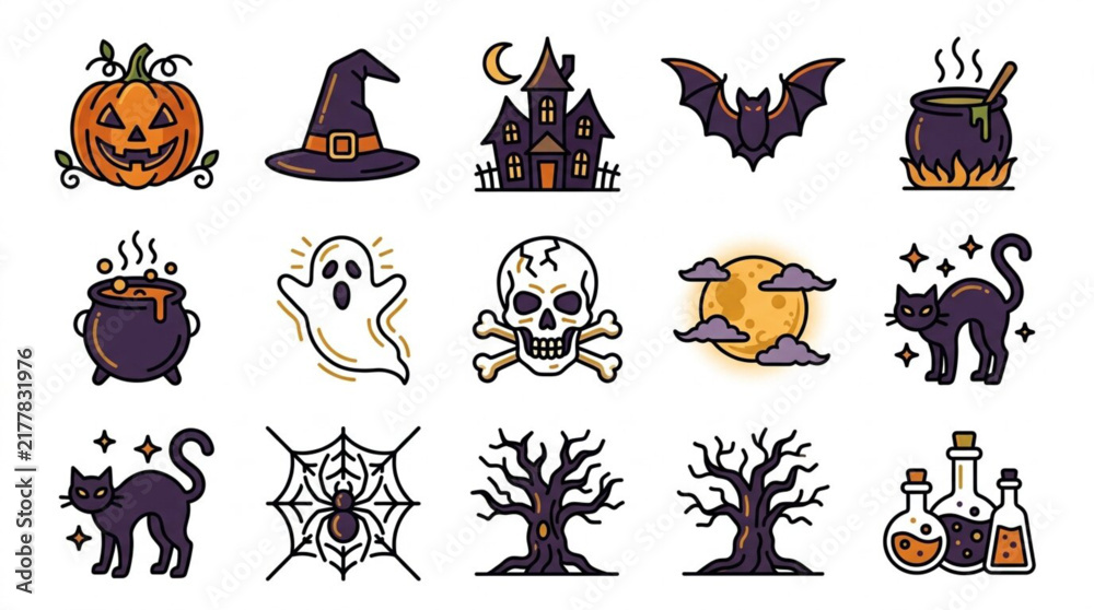 Fototapeta premium Halloween icons set with pumpkin ghost and bat.