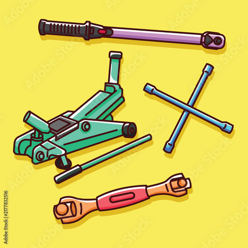 Flat illustration of mechanics stuff for motorcycle and car repairs. A flat vector line art style suitable for covers, pages, banners, flyers, stickers, cards, and educational materials.