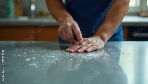 Worker's hands sealing countertop with sealant , marble, after, improvement
