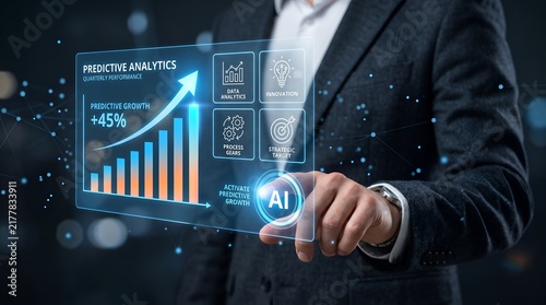 Businessman interacts with futuristic AI predictive analytics dashboard