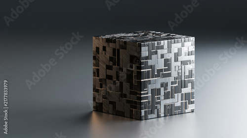Obraz na płótnie Precision titanium cube composed of modular data blocks, molecular data storage, archival computing, information density, secure databases, long-term memory, digital preservation