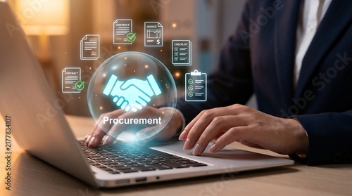 Digital procurement handshake icon with contracts and checklist