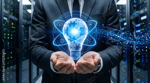Businessman holding a glowing puzzle lightbulb with digital network in server room