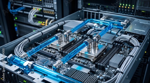 Custom computer liquid cooling system with blue coolant in server rack