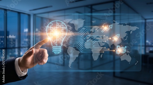 Business hand touches digital world map with ideas and growth icons