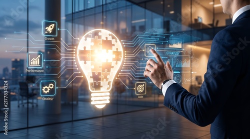 Businessman interacts with holographic lightbulb idea puzzle and business strategy interface