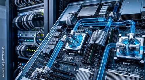 Custom computer water cooling system with blue liquid