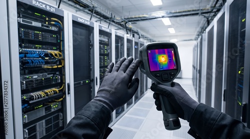 Technician uses thermal imager to scan server racks in data center