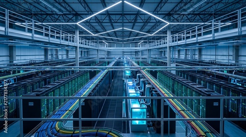 Modern data center with rows of glowing servers and blue lighting