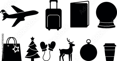 Christmas travel and winter holiday icon set with airplane luggage and festive symbols
