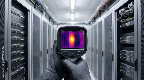 Thermal imaging camera inspecting server room hot spots