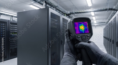Thermal imager scanning server room racks with colorful heat map display