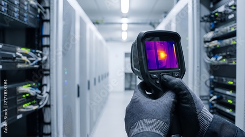 Thermal camera inspecting server room equipment for heat anomalies