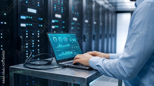 IT specialist works on laptop in server room with glowing lights