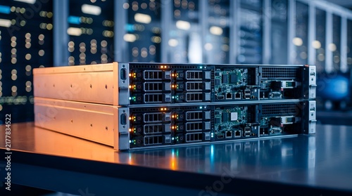 Server rack units with glowing lights in data center