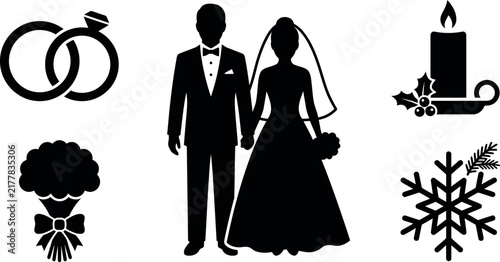 A collection of black wedding icons featuring a couple, rings, bouquet, candle, and snowflake for winter celebrations.