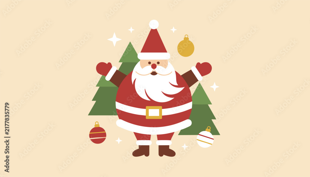 Naklejka premium Cute cartoon character of Santa Claus standing with open arms next to green pine trees on a warm beige backdrop.