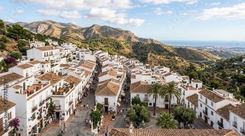 Scenic panoramic view of white village Mijas Pueblo in Andalusia, Spain, with mountains and Mediterranean Sea in background.