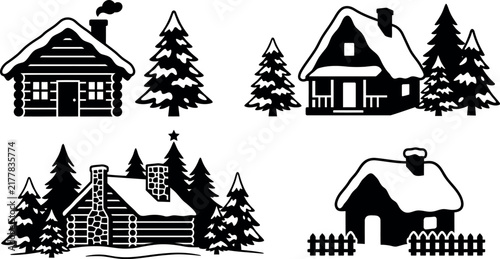 A collection of black and white winter cabin and pine tree silhouettes for seasonal holiday graphic design.
