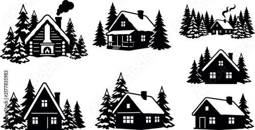 Cozy winter cabins and houses in snowy forest vector icon set for Christmas holiday design