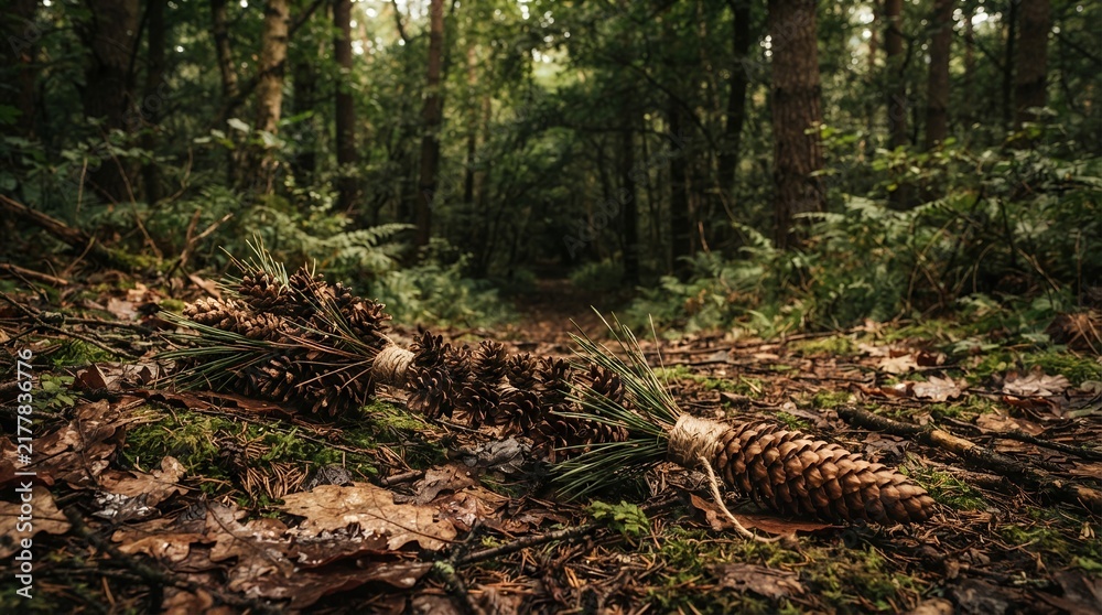 Obraz premium Dense Forest Floor with Pine Cones and Fallen Leaves.