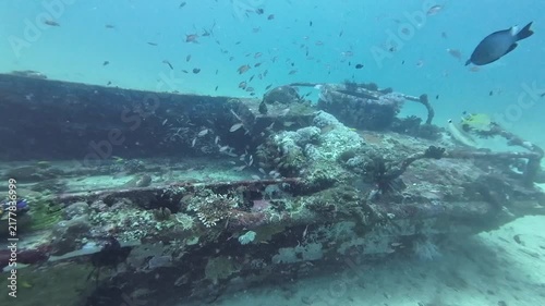 Small sunken boat rests on a sandy seabed surrounded by fish. Underwater footage capturing the wreckage and marine life coexisting in an artificial reef.