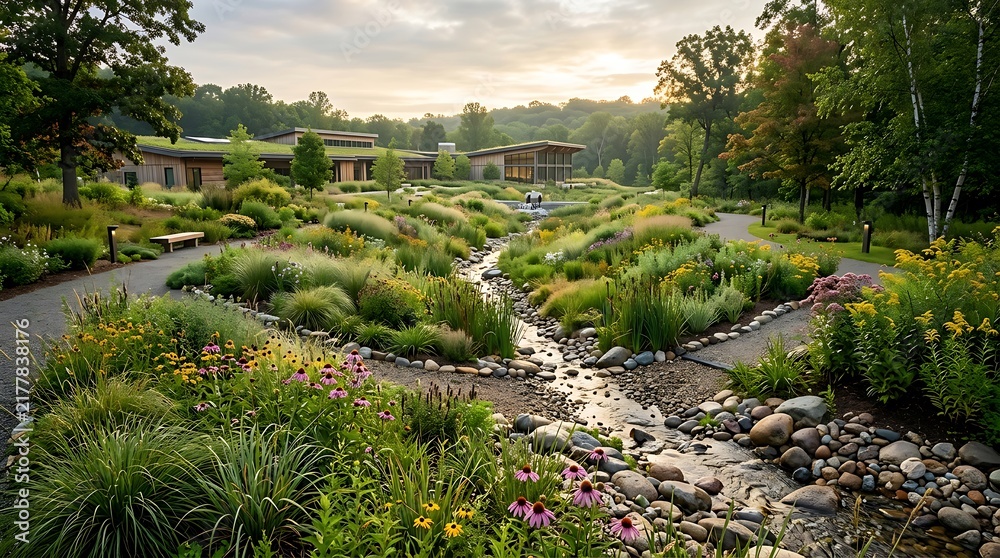 Obraz premium Small creek flowing through a beautiful green botanical garden with flowers and stone paths at sunset. bioswale