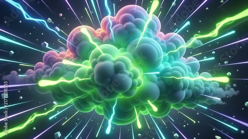Digital Cloud Visualization with Dynamic Light Rays and Particle Effects for Technology and Data Concept