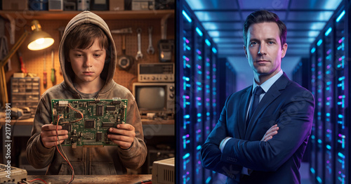Young boy studying electronic circuit board in workshop contrast with professional man standing confidently in modern digital server room illuminated by glowing blue neon light lines