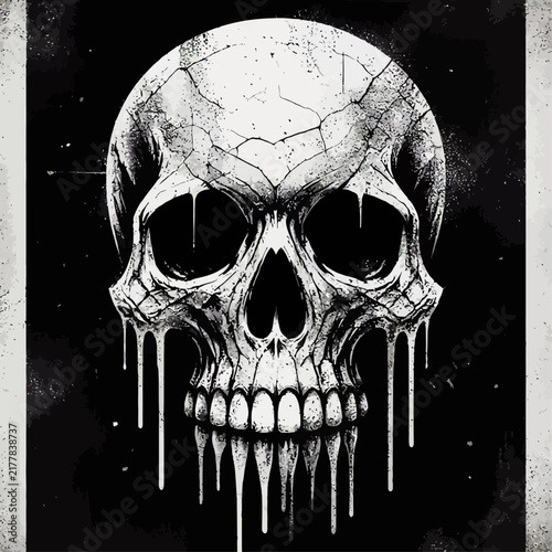 A highly detailed, cracked, and melting skull illustration against a dark, textured background.