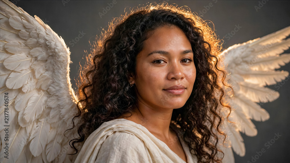 Naklejka premium Studio Portrait of Pacific Islander Woman as Majestic Angel with Feather Wings and Warm Golden Rim Light