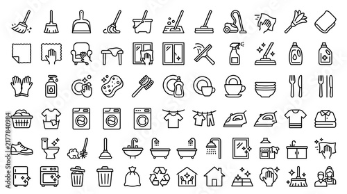 Konstfotografi Home Cleaning Outline Icon Collection Featuring Floor Washing, Window Cleaning,