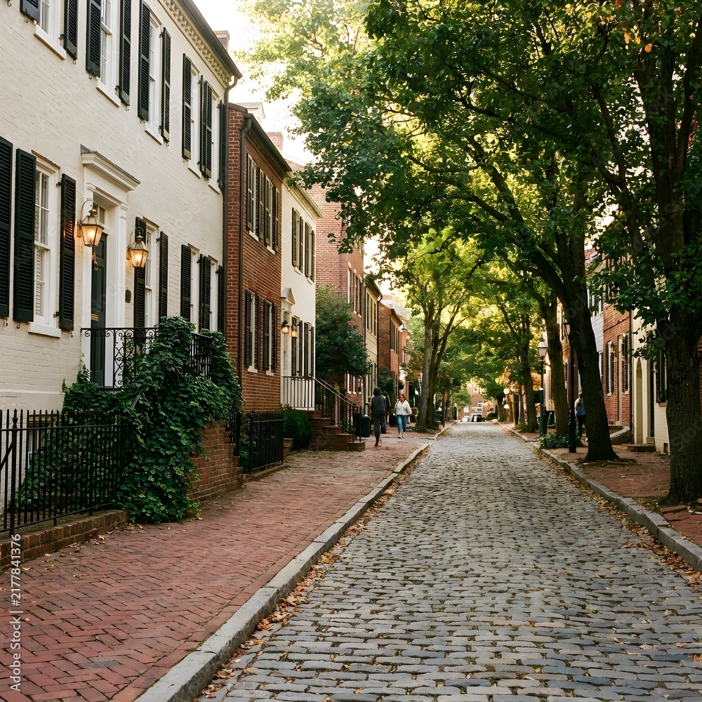 Fototapeta premium Historic cobblestone street lined with traditional brick townhouses and lush green trees in a charming neighborhood.