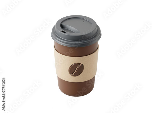Brown disposable coffee cup with grey lid and cardboard sleeve isolated on transparent background for cafe branding