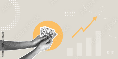 A hand holding money with an upward arrow and a bar chart on a beige background. Concept of financial growth, increased income, and investment returns. Collage-style illustration for business and fina