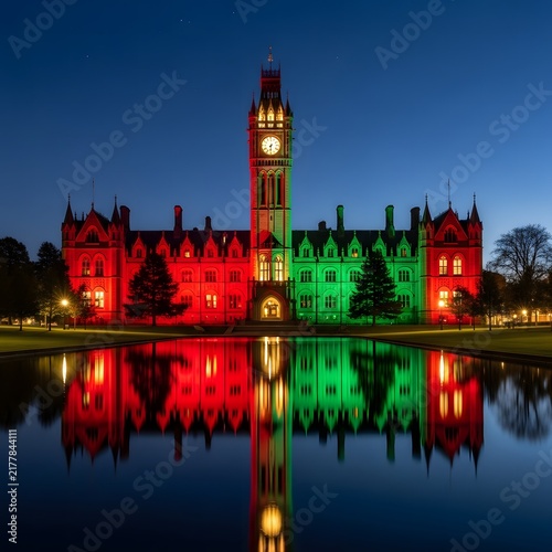 Illuminated historic building with clock tower at night