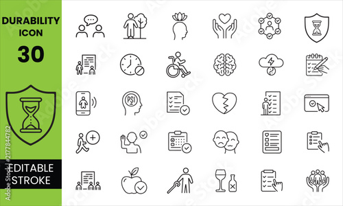 Durability Editable Icon Set, Sustainable Product and Long Lasting Quality Icons