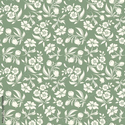 Seamless floral pattern with small flowers. Vector green and white vintage floral print