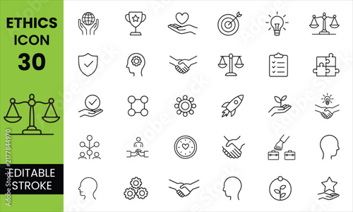 Ethics Editable Icon Set, Morality Values Integrity and Social Responsibility Icons