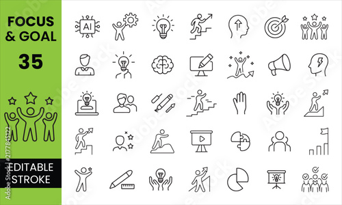 Focus and Goal Editable Icon Set, Productivity Motivation and Success Icons
