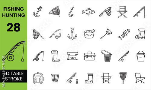 Fishing and Hunting Editable Icon Set, Outdoor Fishing Hunting and Angling Icons