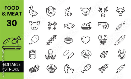Food and Meat Editable Icon Set, Meat Food Cooking and Butcher Shop Icons
