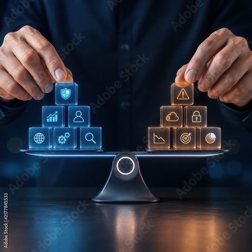 Digital asset growth and risk balance on scale, business concept photo