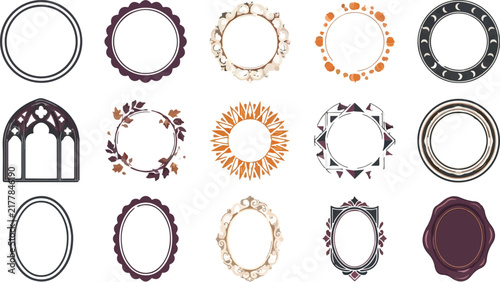 Decorative Frames Set, Vintage Ornaments Collection, Circular and Oval Borders. Gothic Arch Window, Floral Rings, Elegant Frames. Vector Graphics for Wedding Invitations.