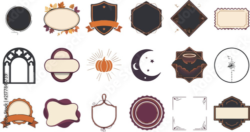 Retro vintage Halloween frame set, spooky themed border collection, autumn harvest decorative labels, witch magic potion design elements, orange pumpkin and purple moon shapes