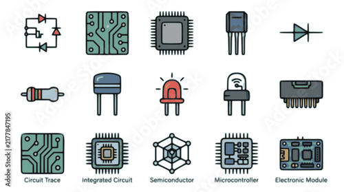 Electronic components vector icon set showcasing various circuit board elements for modern digital engineering design projects