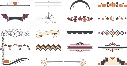 Halloween vector dividers set, spooky pumpkin and bat decorations, ornamental autumn borders, vintage design elements