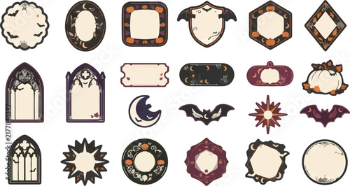 Vintage Halloween frames set, retro spooky borders collection, gothic ornaments with bats and pumpkins, black and orange vector labels for autumn design