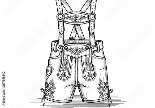 Traditional german lederhosen leather shorts with decorative floral embroidery and shoulder straps detailed ink style drawing isolated on white background.